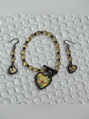 New Floral Heart Charm Bracelet & Earring Set Yellow Glass Bead Toggle Boho